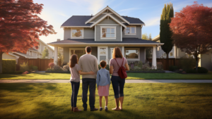 Family of four stands facing their new home after utilizing title and closing services