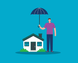 Man holding umbrella over house, protecting it- Title Insurance Policies concept.